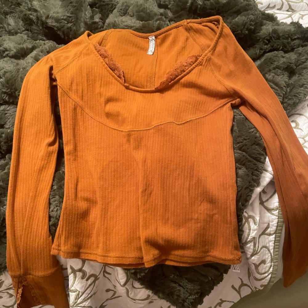 Free people mustard ribbed long sleeve top with lace detail